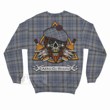 Tweedie Tartan Sweatshirt with Family Crest and Bearded Skull Holding Bottles of Whiskey