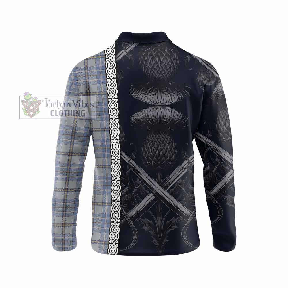 Tartan Vibes Clothing Tweedie Tartan Long Sleeve Polo Shirt with Family Crest Cross Sword Thistle Celtic Vibes