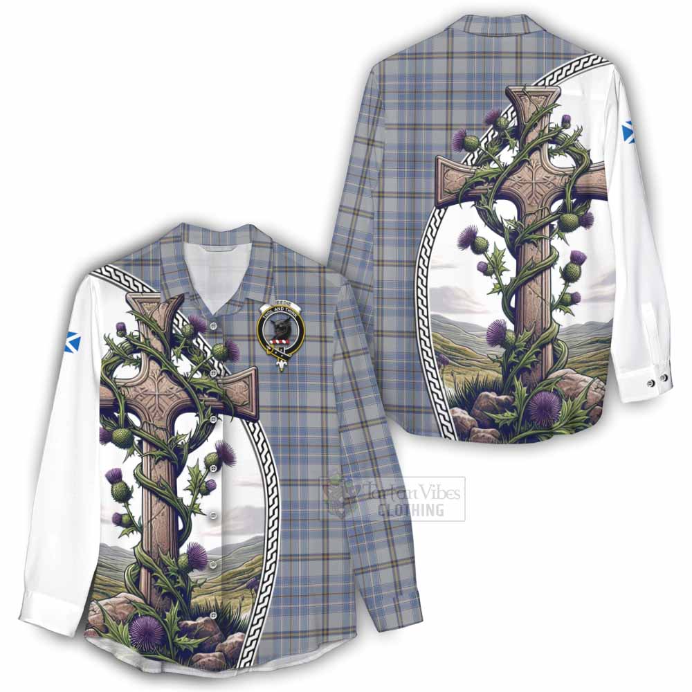 Tartan Vibes Clothing Tweedie Tartan Women's Casual Shirt with Family Crest and St. Andrew's Cross Accented by Thistle Vines