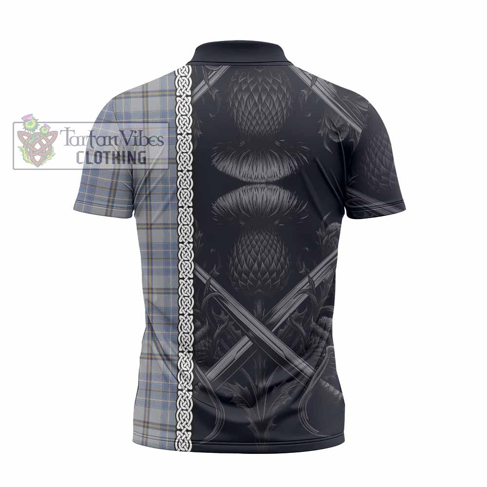 Tartan Vibes Clothing Tweedie Tartan Zipper Polo Shirt with Family Crest Cross Sword Thistle Celtic Vibes