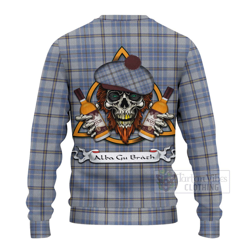 Tartan Vibes Clothing Tweedie Tartan Knitted Sweater with Family Crest and Bearded Skull Holding Bottles of Whiskey