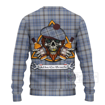 Tweedie Tartan Ugly Sweater with Family Crest and Bearded Skull Holding Bottles of Whiskey