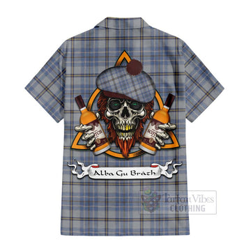 Tweedie Tartan Short Sleeve Button Shirt with Family Crest and Bearded Skull Holding Bottles of Whiskey