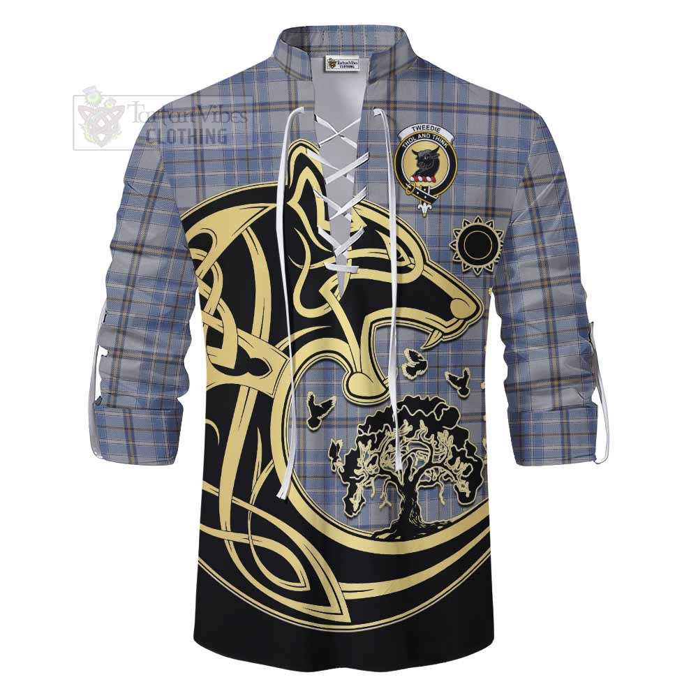 Tartan Vibes Clothing Tweedie Tartan Ghillie Kilt Shirt with Family Crest Celtic Wolf Style