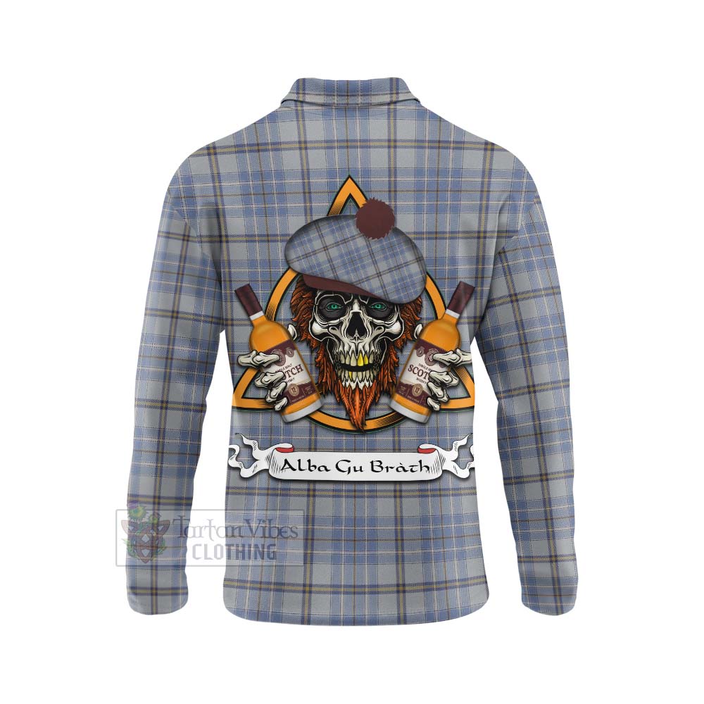 Tartan Vibes Clothing Tweedie Tartan Long Sleeve Polo Shirt with Family Crest and Bearded Skull Holding Bottles of Whiskey