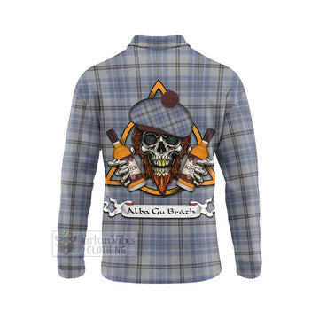 Tweedie Tartan Long Sleeve Polo Shirt with Family Crest and Bearded Skull Holding Bottles of Whiskey