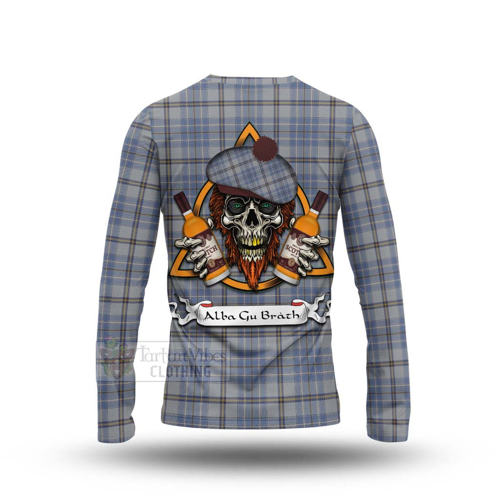 Tartan Vibes Clothing Tweedie Tartan Long Sleeve T-Shirt with Family Crest and Bearded Skull Holding Bottles of Whiskey