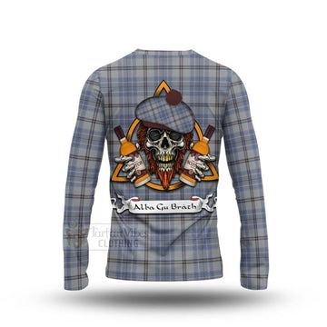 Tweedie Tartan Long Sleeve T-Shirt with Family Crest and Bearded Skull Holding Bottles of Whiskey