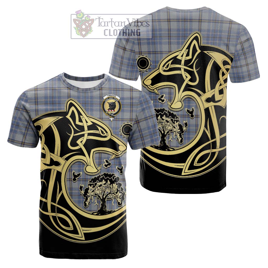 Tartan Vibes Clothing Tweedie Tartan Cotton T-shirt with Family Crest Celtic Wolf Style