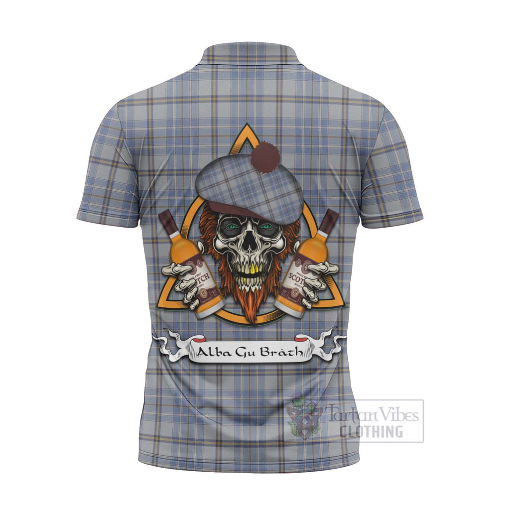 Tartan Vibes Clothing Tweedie Tartan Zipper Polo Shirt with Family Crest and Bearded Skull Holding Bottles of Whiskey