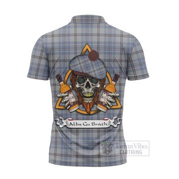 Tweedie Tartan Zipper Polo Shirt with Family Crest and Bearded Skull Holding Bottles of Whiskey