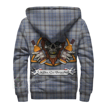 Tweedie Tartan Sherpa Hoodie with Family Crest and Bearded Skull Holding Bottles of Whiskey