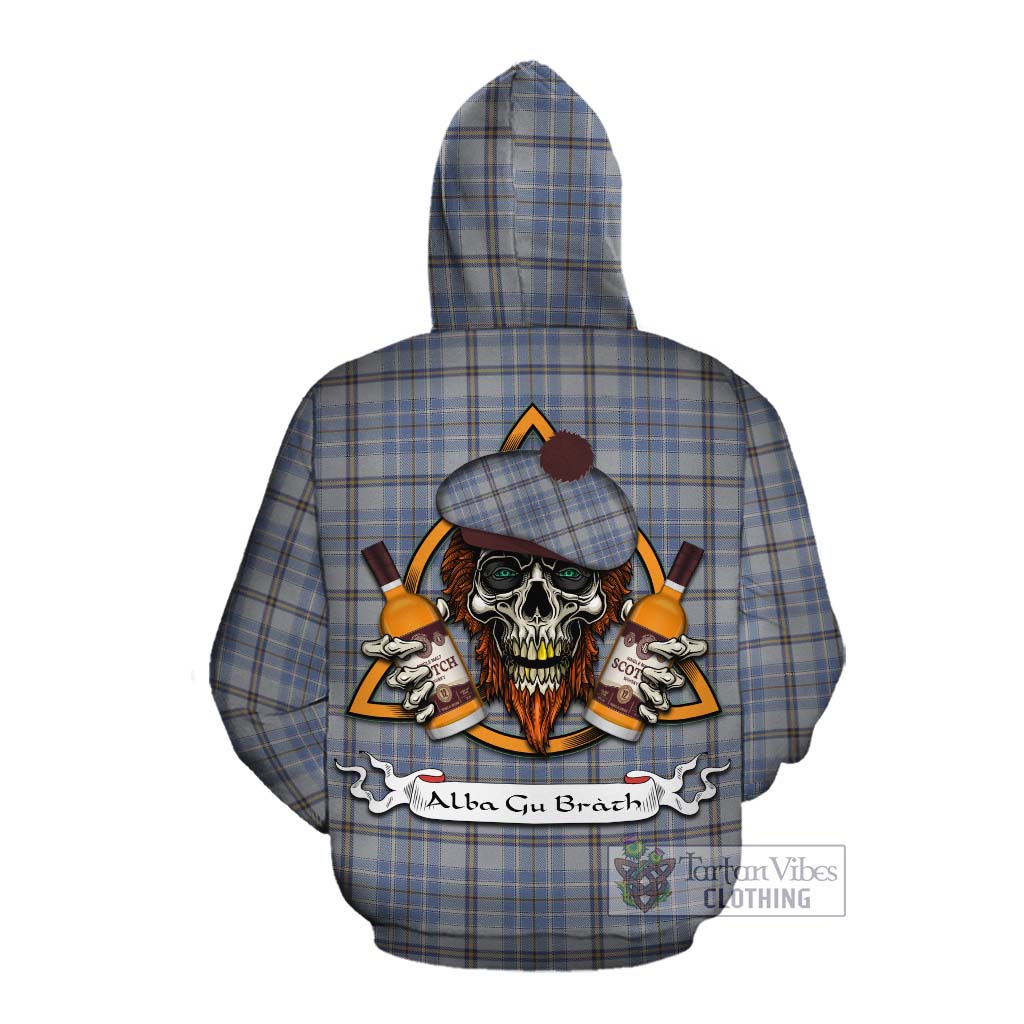 Tartan Vibes Clothing Tweedie Tartan Cotton Hoodie with Family Crest and Bearded Skull Holding Bottles of Whiskey