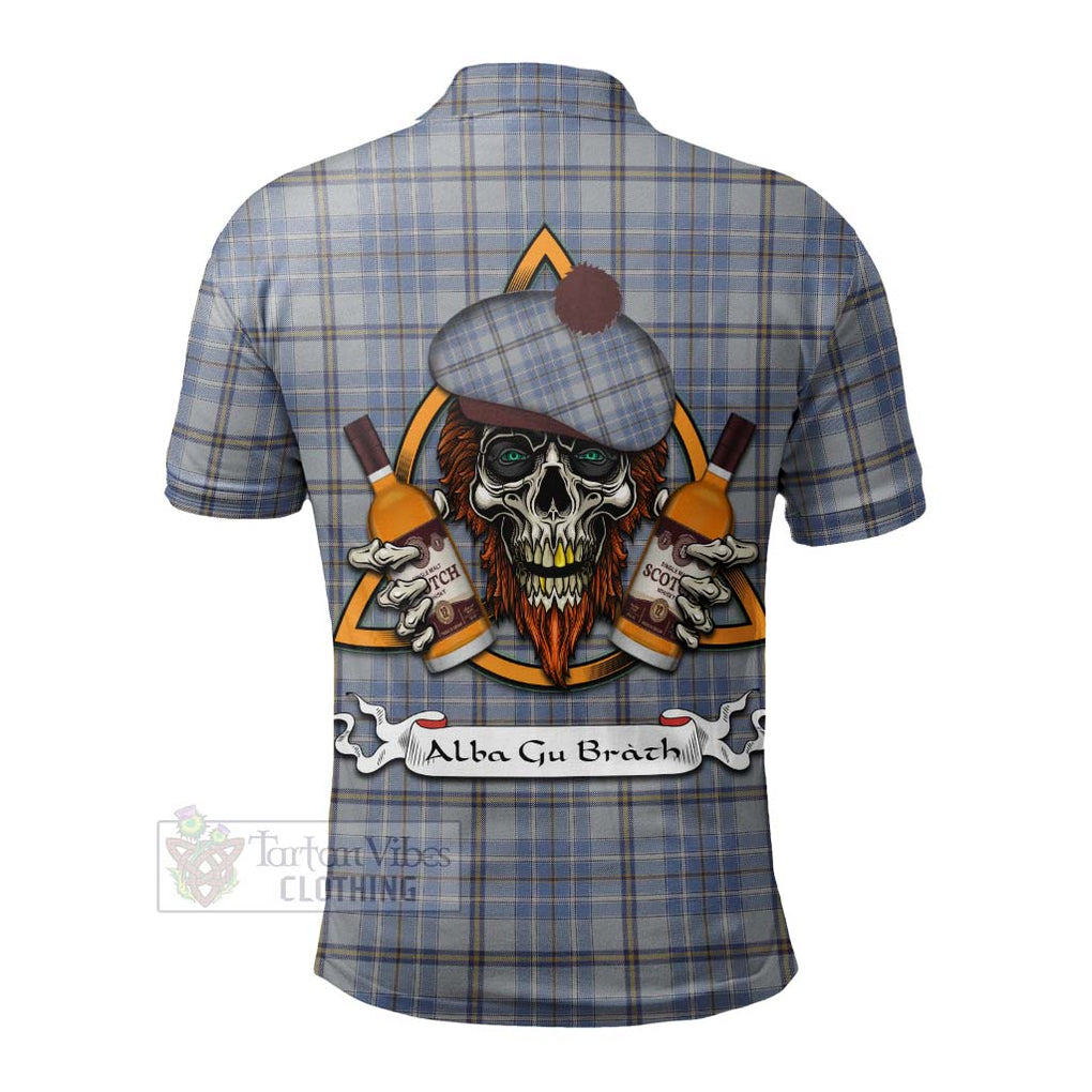 Tartan Vibes Clothing Tweedie Tartan Polo Shirt with Family Crest and Bearded Skull Holding Bottles of Whiskey