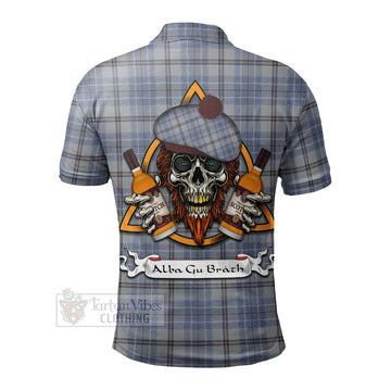 Tweedie Tartan Polo Shirt with Family Crest and Bearded Skull Holding Bottles of Whiskey