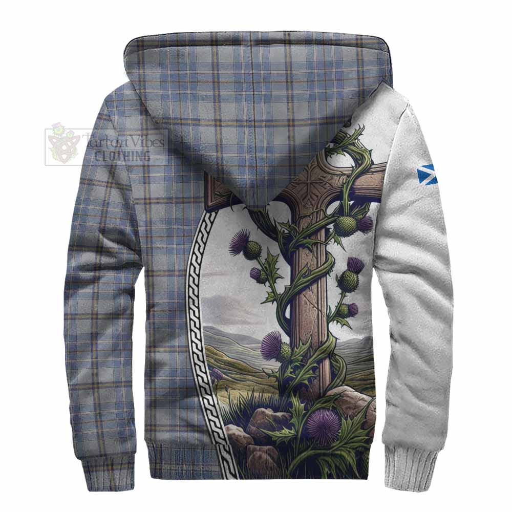 Tartan Vibes Clothing Tweedie Tartan Sherpa Hoodie with Family Crest and St. Andrew's Cross Accented by Thistle Vines