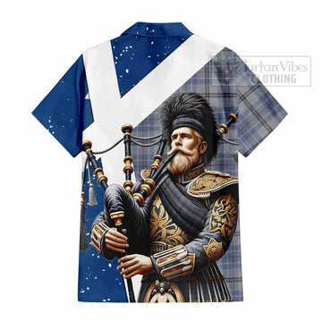 Tweedie Tartan Short Sleeve Button Shirt with Family Crest Scottish Bagpiper Vibes