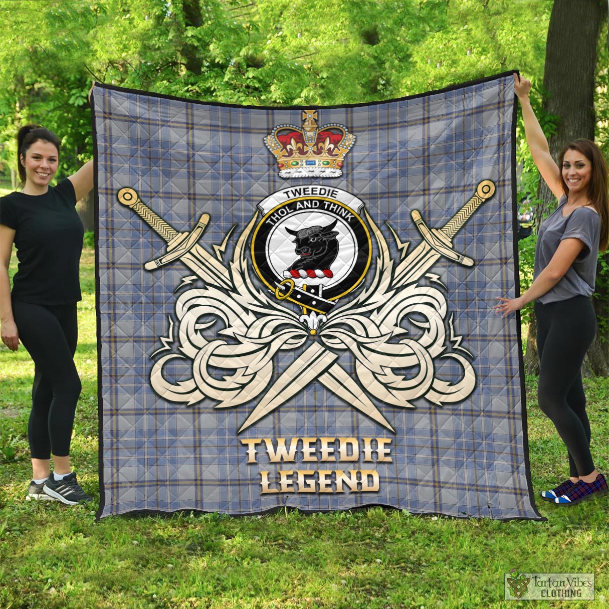 Tartan Vibes Clothing Tweedie Tartan Quilt with Clan Crest and the Golden Sword of Courageous Legacy