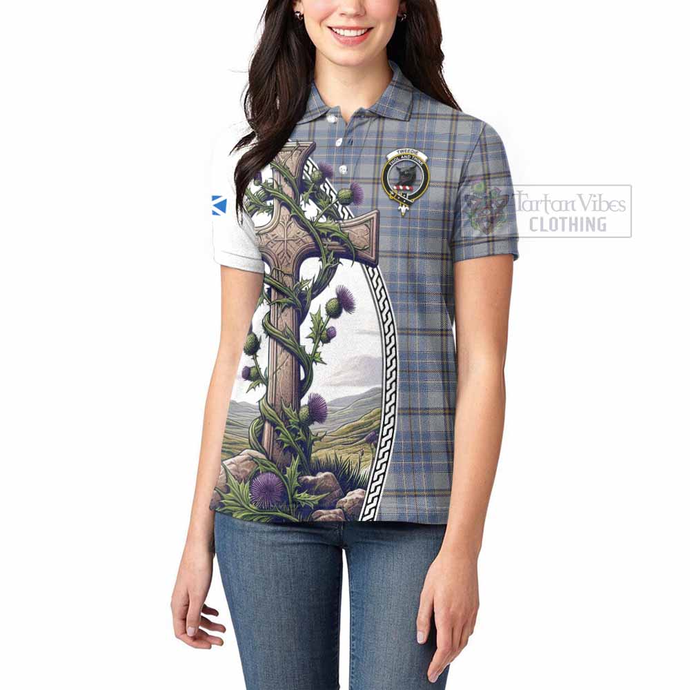 Tartan Vibes Clothing Tweedie Tartan Women's Polo Shirt with Family Crest and St. Andrew's Cross Accented by Thistle Vines