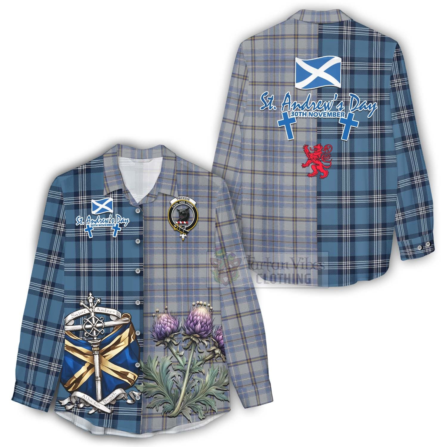 Tartan Vibes Clothing Tweedie Tartan Women's Casual Shirt Happy St. Andrew's Day Half Tartan Style