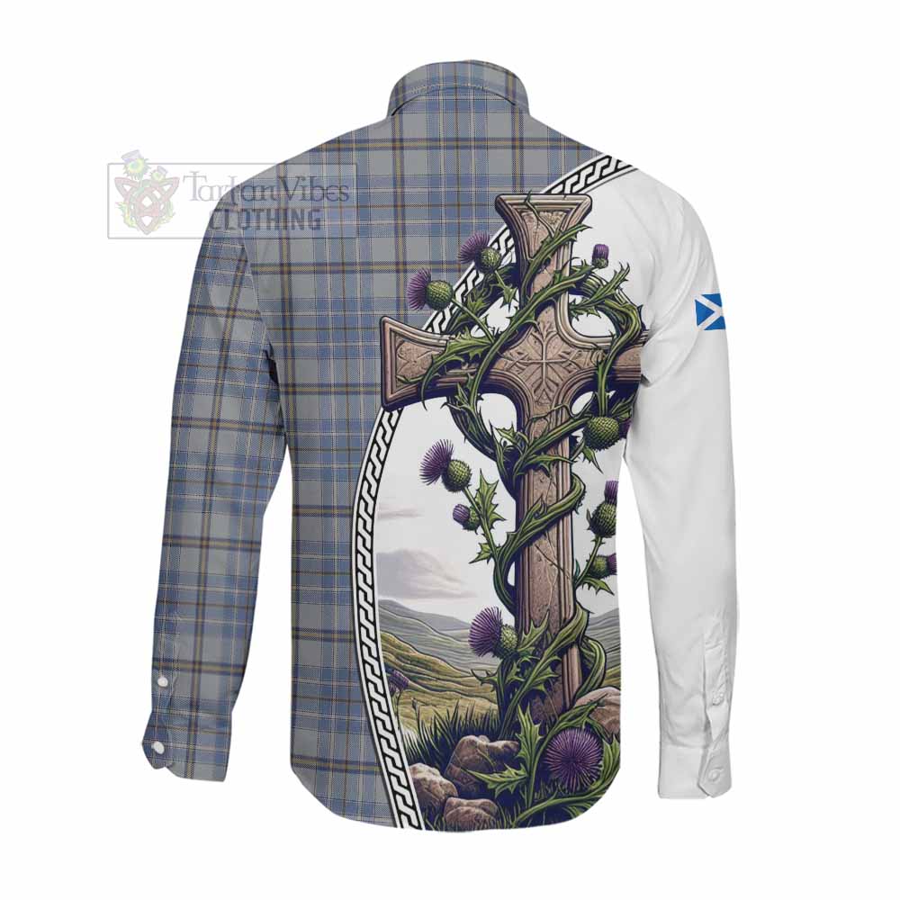 Tartan Vibes Clothing Tweedie Tartan Long Sleeve Button Shirt with Family Crest and St. Andrew's Cross Accented by Thistle Vines