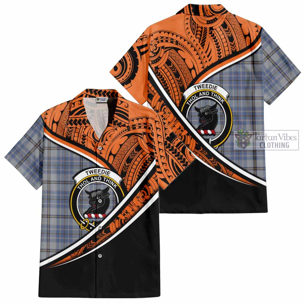 Tartan Vibes Clothing Tweedie Crest Tartan Short Sleeve Button Shirt with Maori Tattoo Style - Orange Version