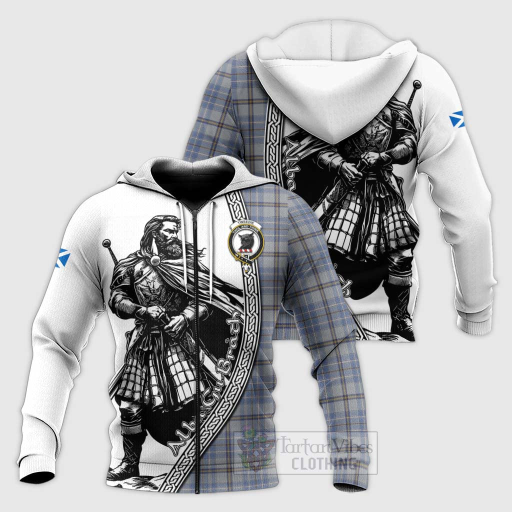 Tartan Vibes Clothing Tweedie Tartan Clan Crest Knitted Hoodie with Highlander Warrior Celtic Style