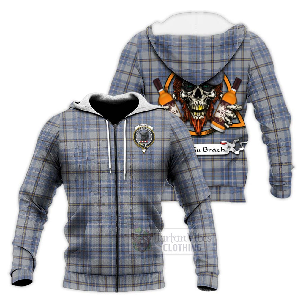 Tartan Vibes Clothing Tweedie Tartan Knitted Hoodie with Family Crest and Bearded Skull Holding Bottles of Whiskey