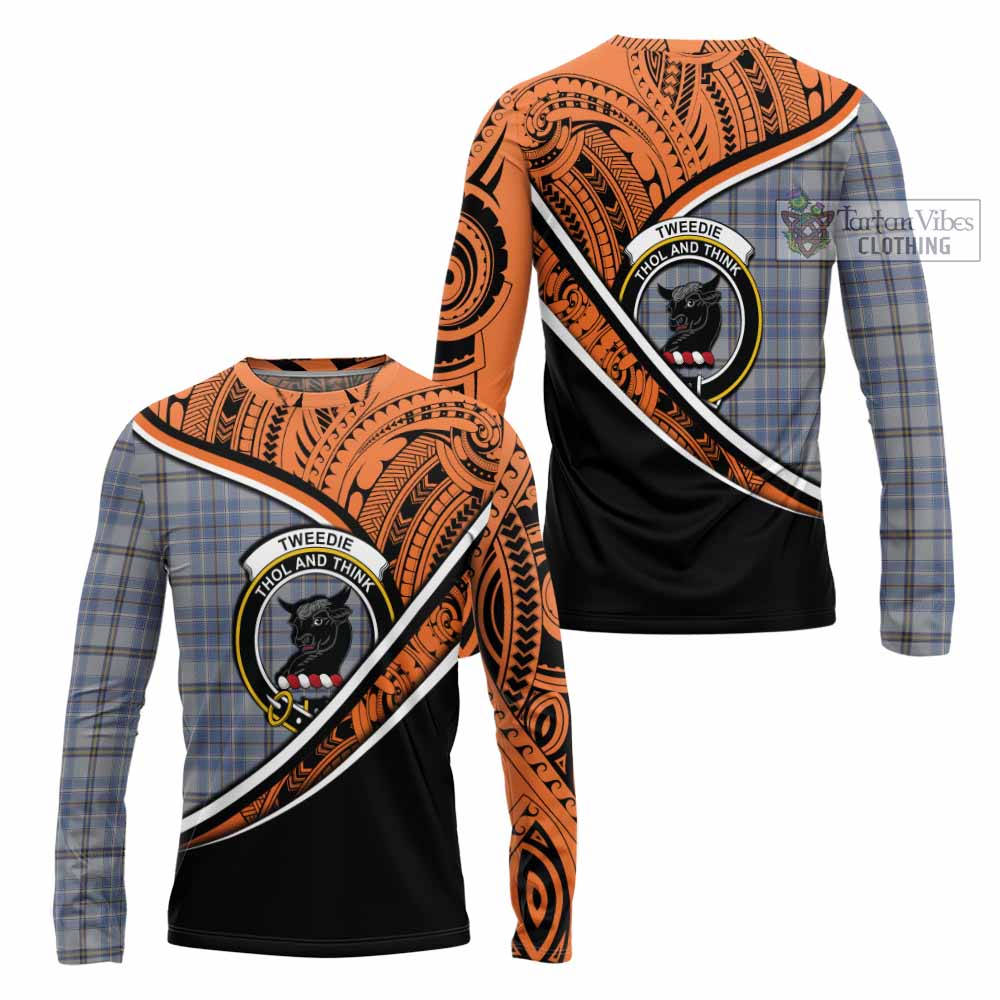 Tartan Vibes Clothing Tweedie Crest Tartan Long Sleeve T-Shirt with Maori Tattoo Style - Orange Version