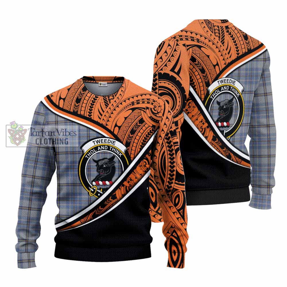 Tartan Vibes Clothing Tweedie Crest Tartan Knitted Sweater with Maori Tattoo Style - Orange Version