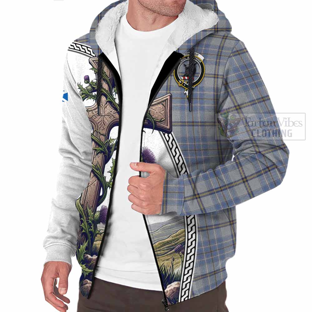 Tartan Vibes Clothing Tweedie Tartan Sherpa Hoodie with Family Crest and St. Andrew's Cross Accented by Thistle Vines