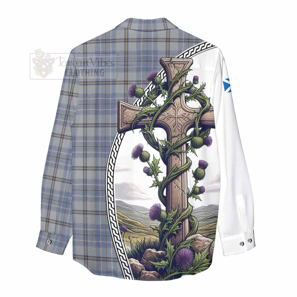 Tartan Vibes Clothing Tweedie Tartan Women's Casual Shirt with Family Crest and St. Andrew's Cross Accented by Thistle Vines