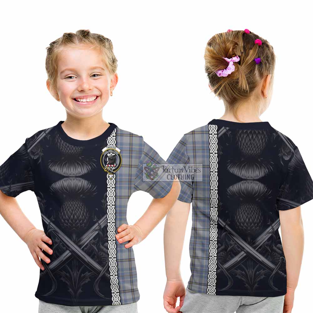 Tartan Vibes Clothing Tweedie Tartan Kid T-Shirt with Family Crest Cross Sword Thistle Celtic Vibes