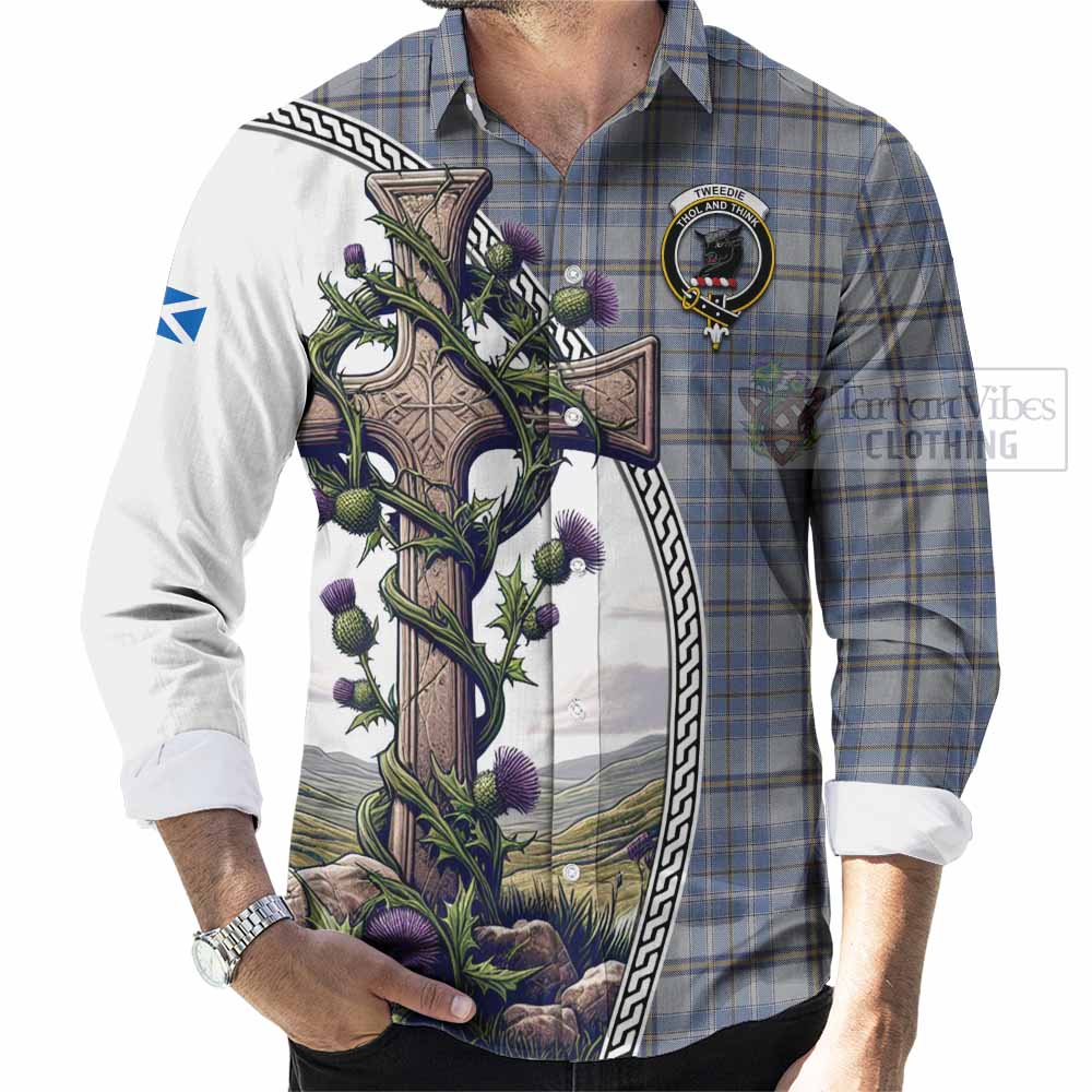 Tartan Vibes Clothing Tweedie Tartan Long Sleeve Button Shirt with Family Crest and St. Andrew's Cross Accented by Thistle Vines