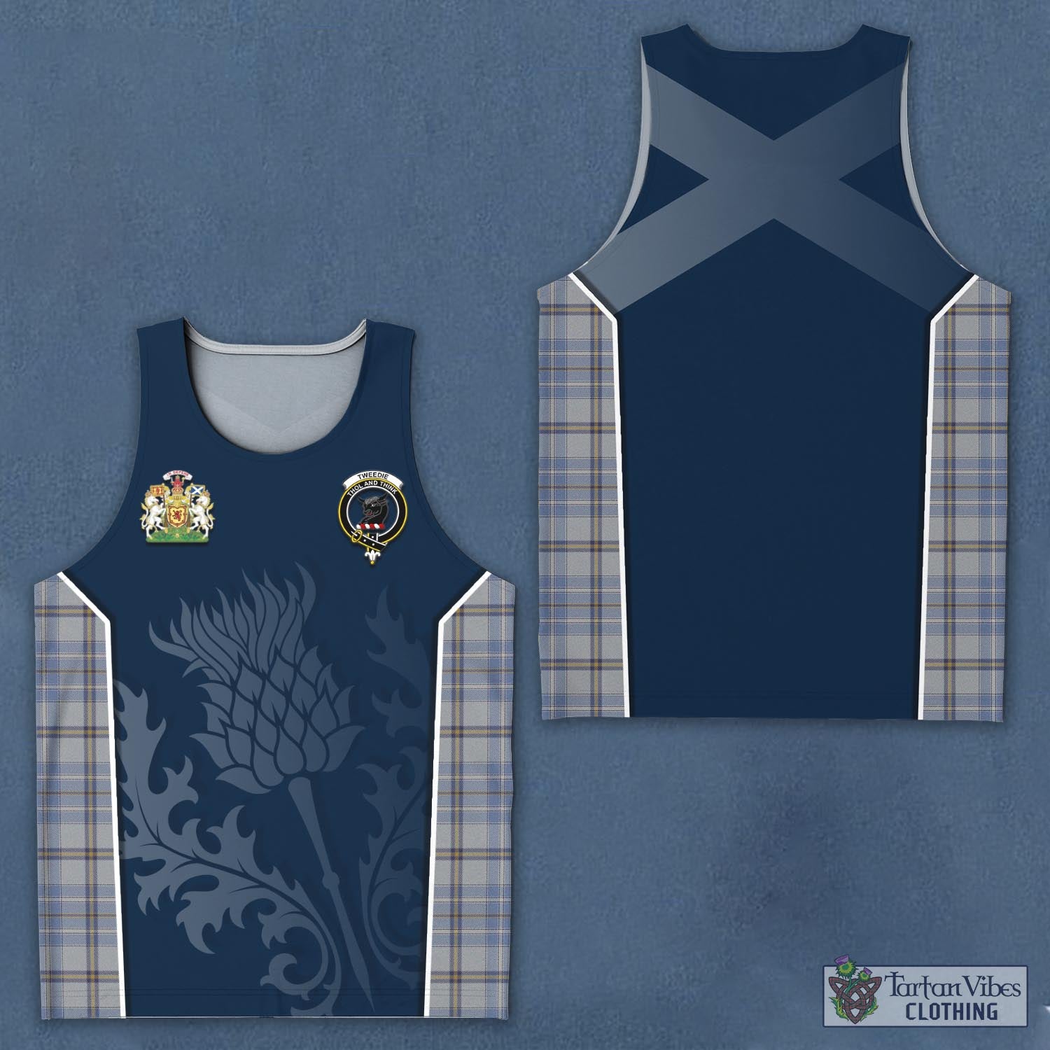 Tartan Vibes Clothing Tweedie Tartan Men's Tanks Top with Family Crest and Scottish Thistle Vibes Sport Style