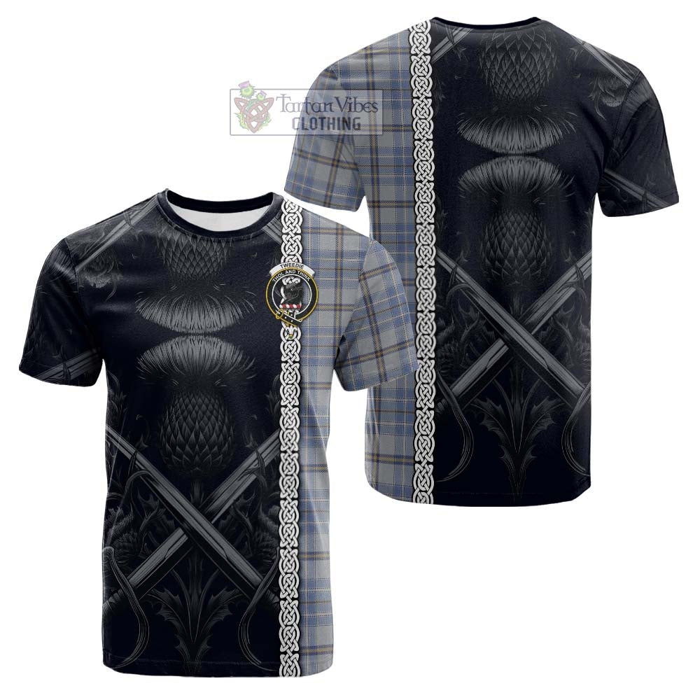 Tartan Vibes Clothing Tweedie Tartan Cotton T-shirt with Family Crest Cross Sword Thistle Celtic Vibes