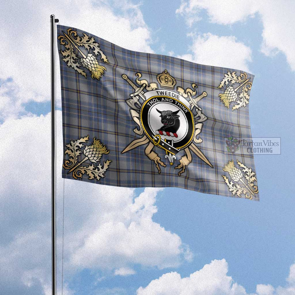 Tartan Vibes Clothing Tweedie Tartan Flag with Family Crest and Golden Thistle Crossed Sword Design