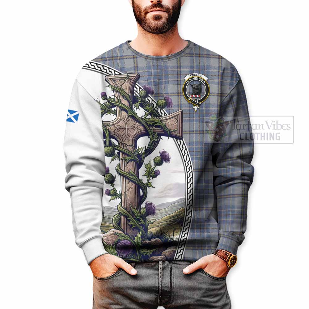 Tartan Vibes Clothing Tweedie Tartan Sweatshirt with Family Crest and St. Andrew's Cross Accented by Thistle Vines