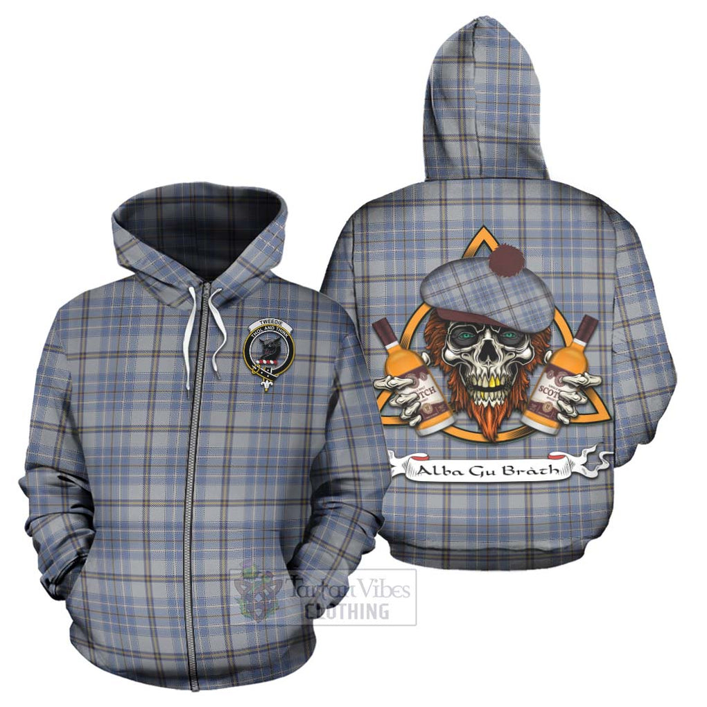 Tartan Vibes Clothing Tweedie Tartan Hoodie with Family Crest and Bearded Skull Holding Bottles of Whiskey