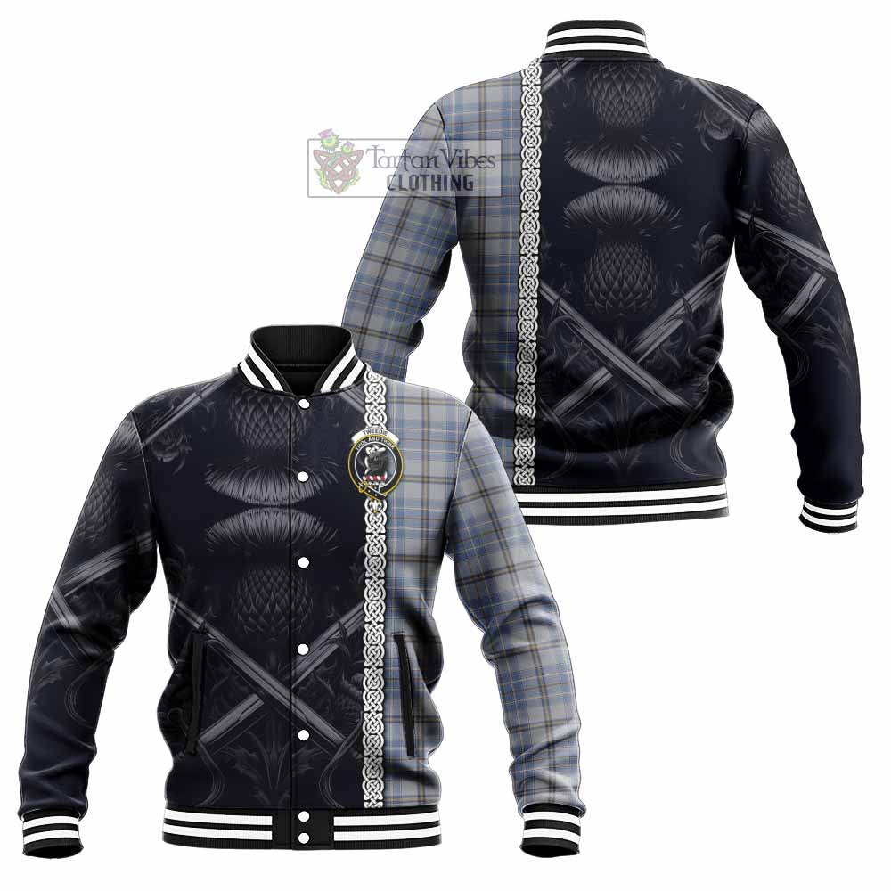 Tartan Vibes Clothing Tweedie Tartan Baseball Jacket with Family Crest Cross Sword Thistle Celtic Vibes