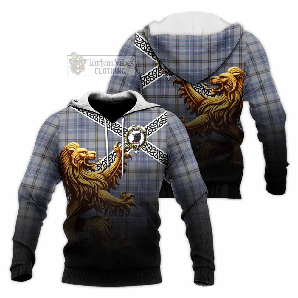 Tweedie Crest Tartan Knitted Hoodie with Golden Lion Emblem Celtic Style - Tartan Vibes Clothing