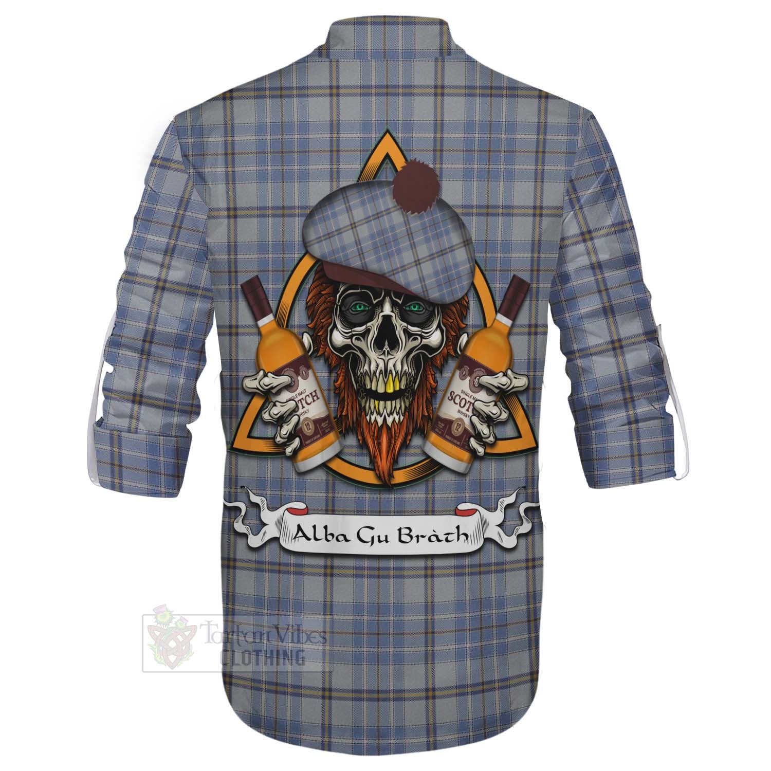 Tartan Vibes Clothing Tweedie Tartan Ghillie Kilt Shirt with Family Crest and Bearded Skull Holding Bottles of Whiskey