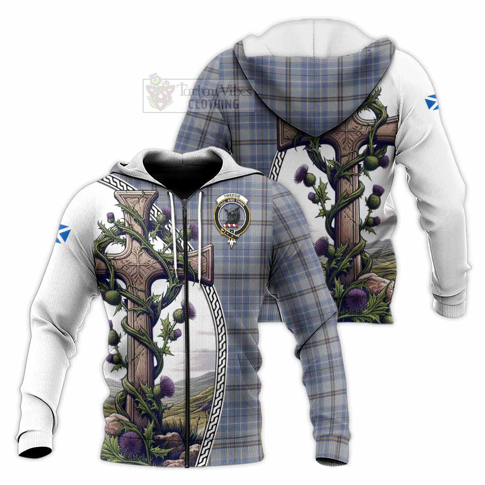 Tartan Vibes Clothing Tweedie Tartan Knitted Hoodie with Family Crest and St. Andrew's Cross Accented by Thistle Vines