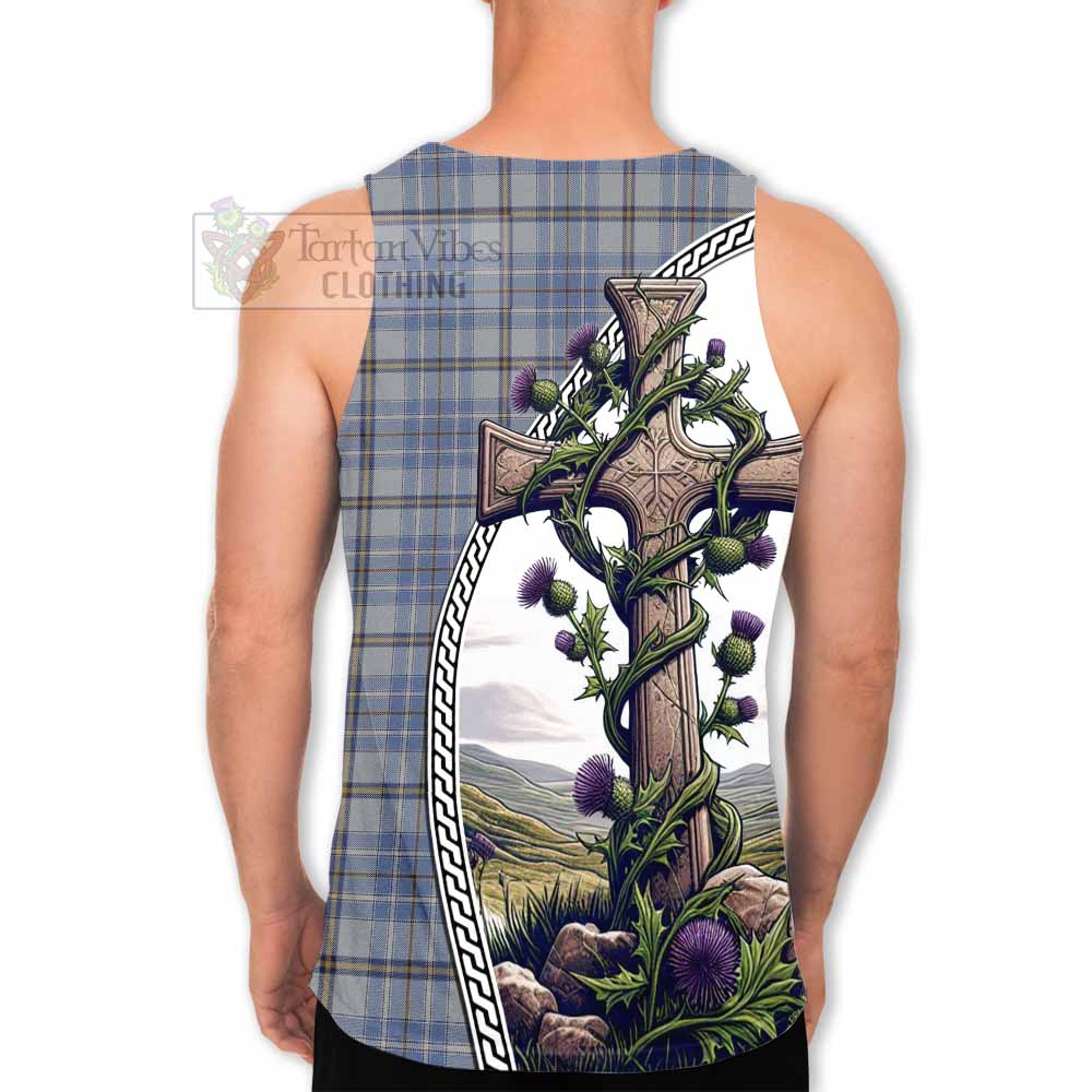 Tartan Vibes Clothing Tweedie Tartan Men's Tank Top with Family Crest and St. Andrew's Cross Accented by Thistle Vines