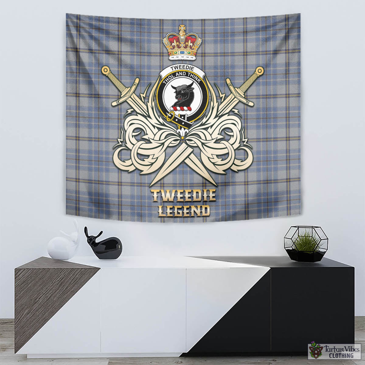 Tartan Vibes Clothing Tweedie Tartan Tapestry with Clan Crest and the Golden Sword of Courageous Legacy