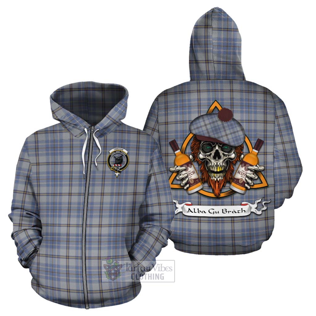 Tartan Vibes Clothing Tweedie Tartan Cotton Hoodie with Family Crest and Bearded Skull Holding Bottles of Whiskey