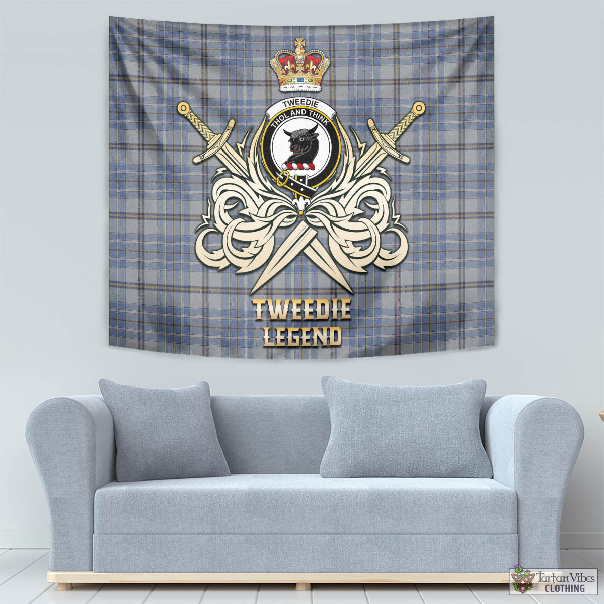 Tartan Vibes Clothing Tweedie Tartan Tapestry with Clan Crest and the Golden Sword of Courageous Legacy