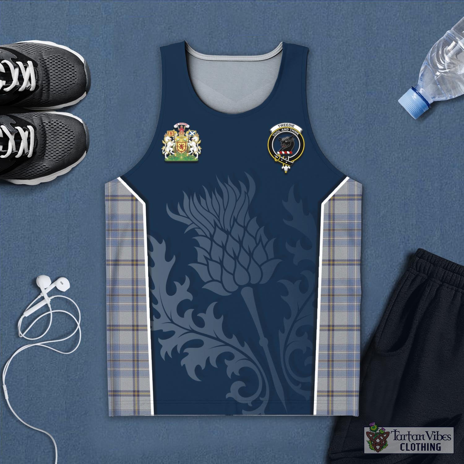 Tartan Vibes Clothing Tweedie Tartan Men's Tanks Top with Family Crest and Scottish Thistle Vibes Sport Style