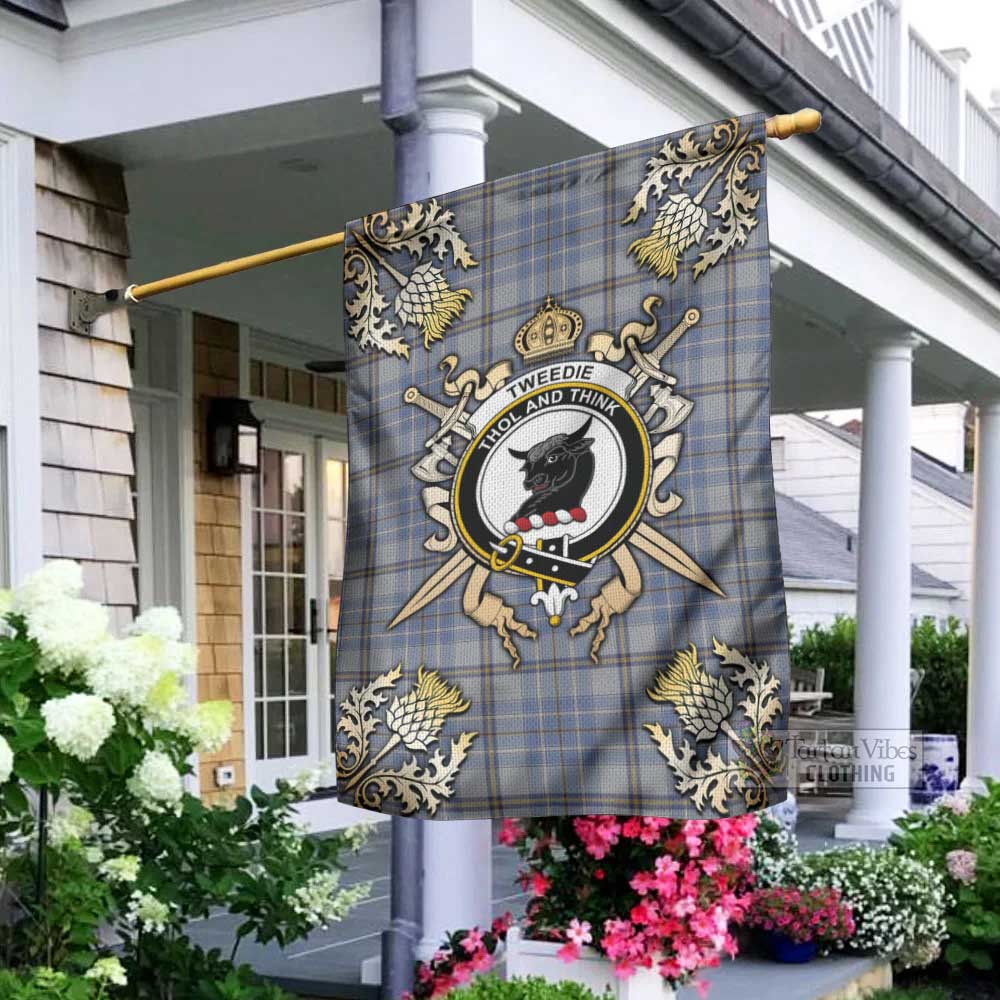 Tartan Vibes Clothing Tweedie Tartan Flag with Family Crest and Golden Thistle Crossed Sword Design