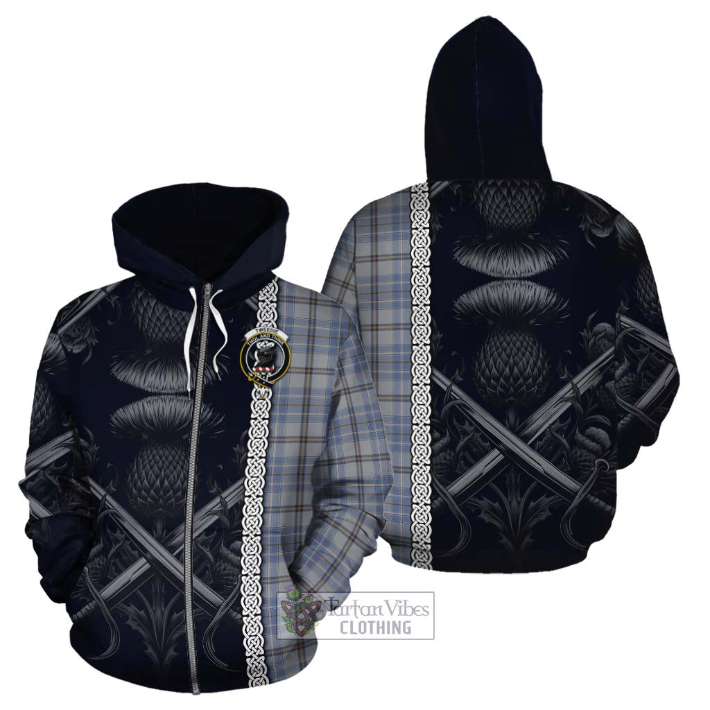 Tartan Vibes Clothing Tweedie Tartan Cotton Hoodie with Family Crest Cross Sword Thistle Celtic Vibes